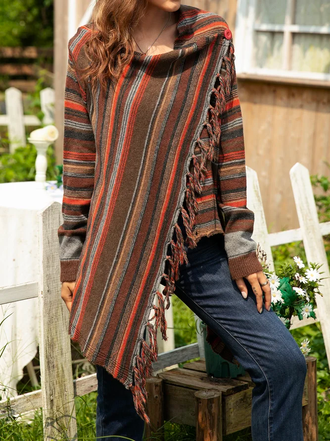 Casual Stripes Long Sleeve Asymmetrical Sweater