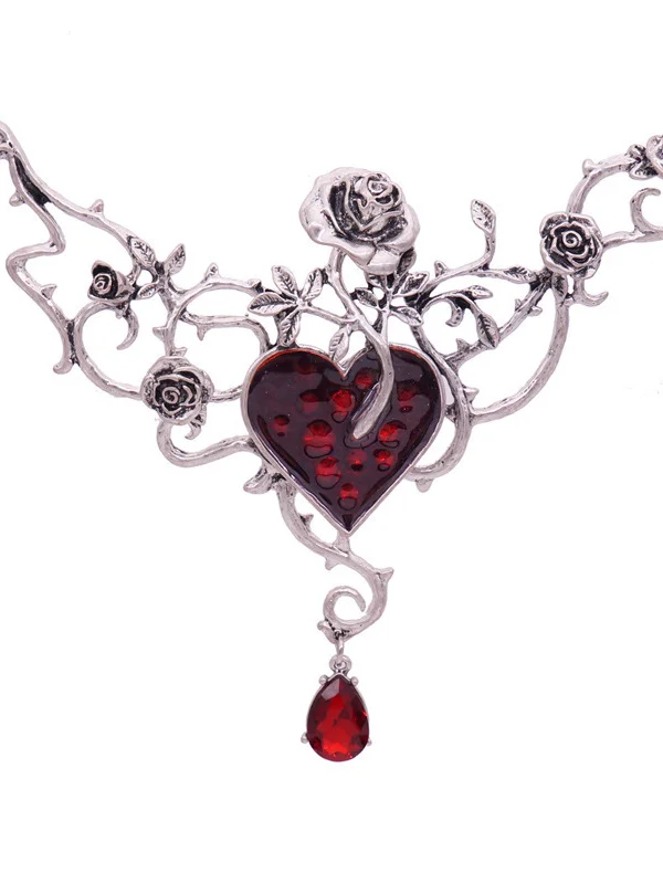 Vintage Dark Goth Rose Heart Pattern Necklace with Crystal Pendant