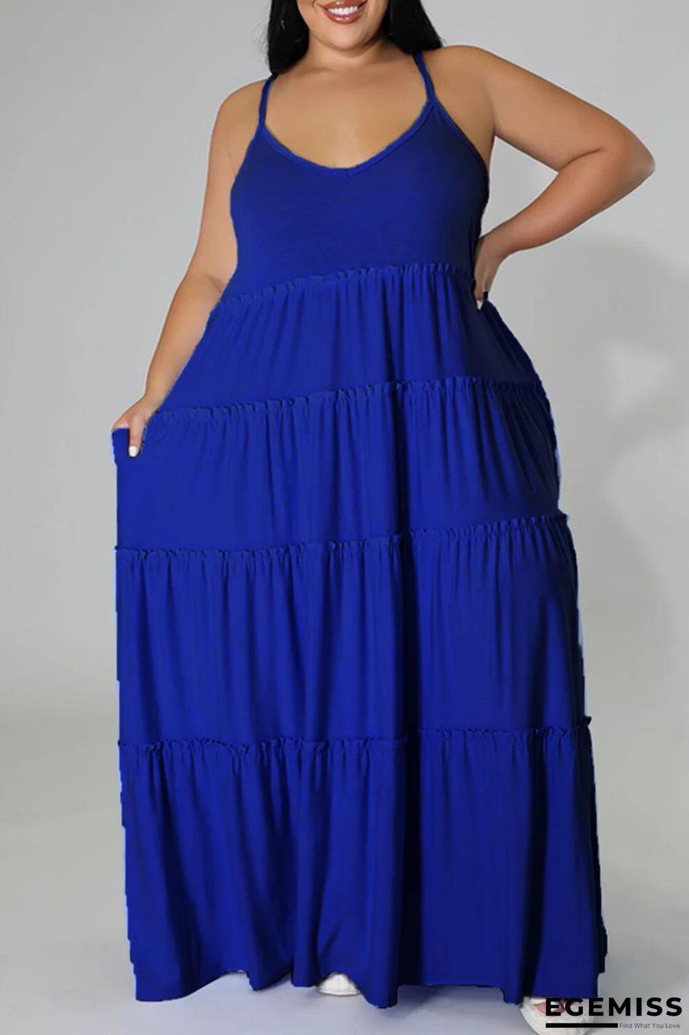 Blue Casual Solid Patchwork Spaghetti Strap Straight Plus Size Dresses | EGEMISS