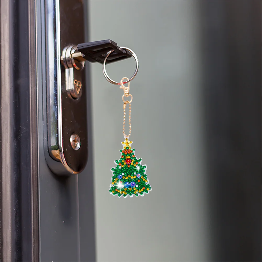 5pcs Diamonds Painting Keychain Christmas Tree Crafts DIY Key Ring Decor(Double Side)