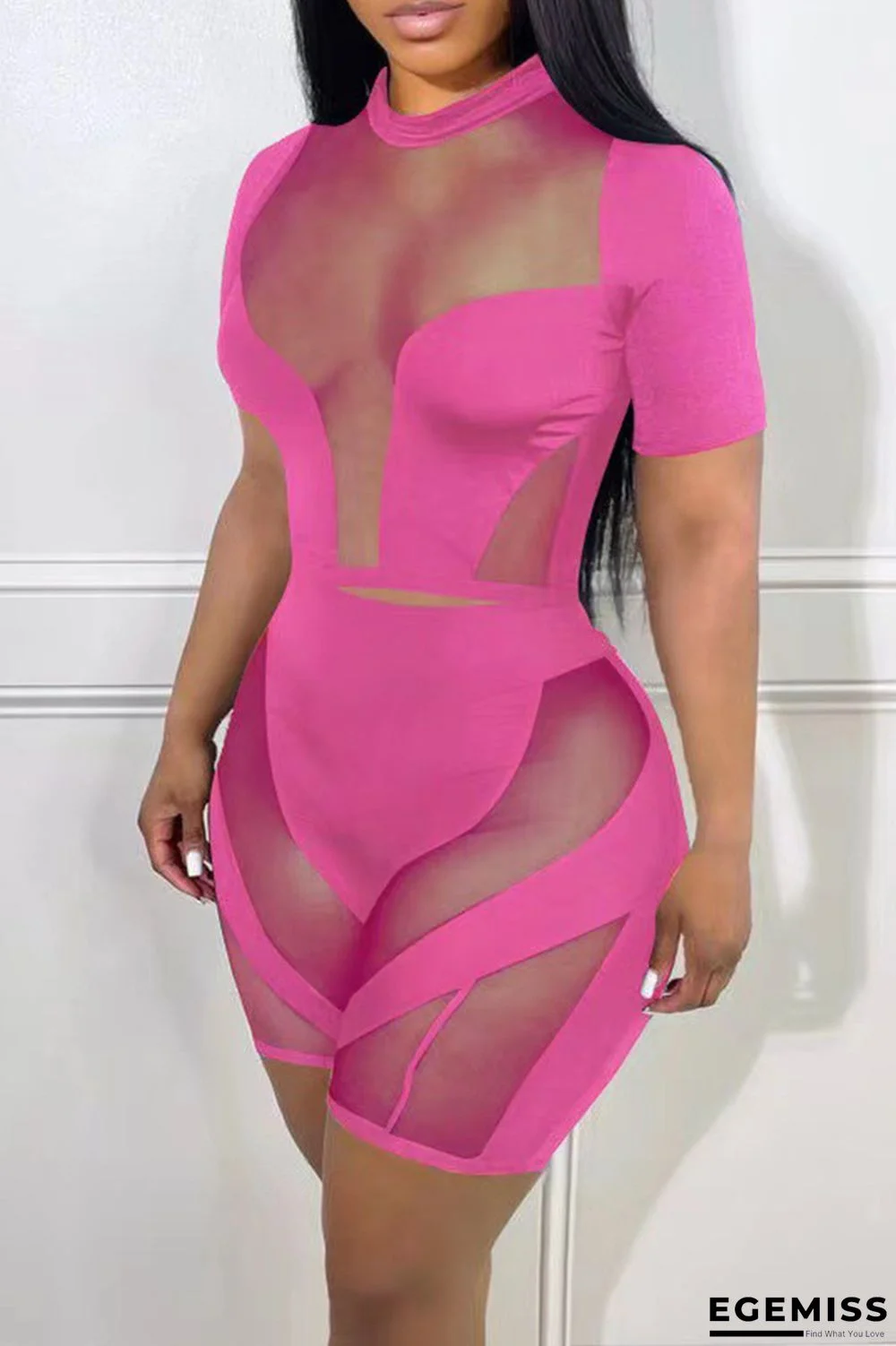 Rose Red Fashion Sexy Solid Patchwork See-through O Neck Short Sleeve Two Pieces | EGEMISS