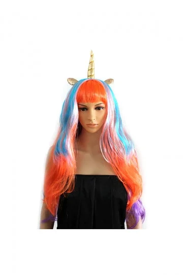 Unicorn Cosplay Colorful Long Curly Wig For Halloween Party Orange-elleschic
