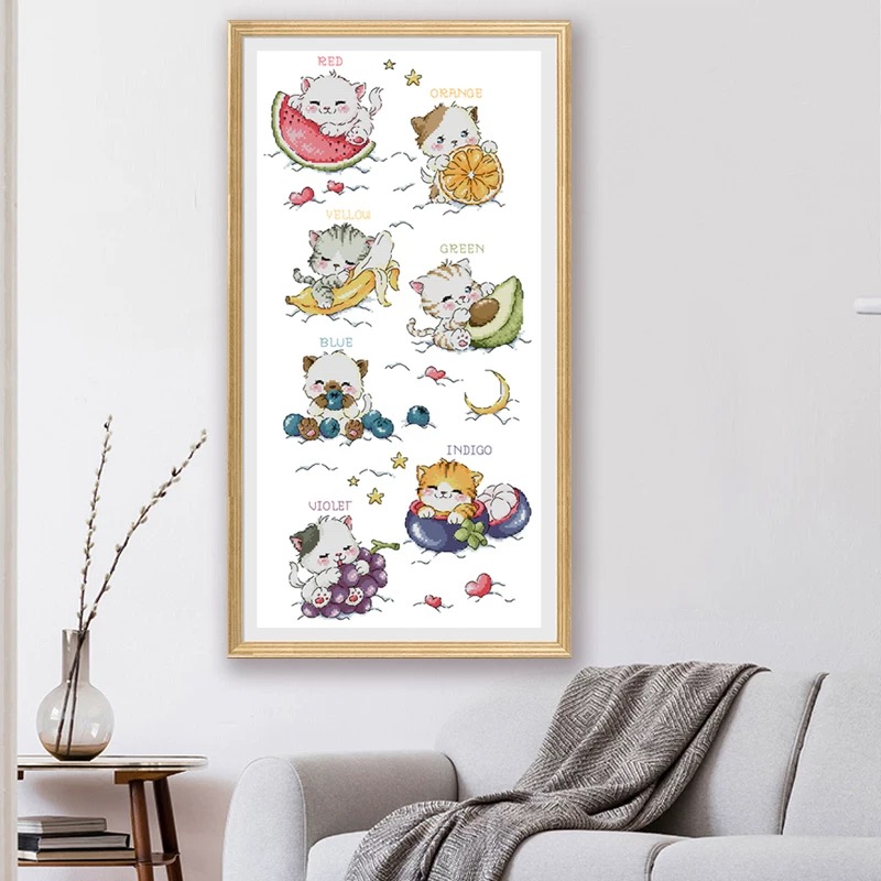1set DIY Printed Cross Stitch Kit, 【JJ349-SO-G192 Fruit Cat】 Painting Fairy Cross Stitch