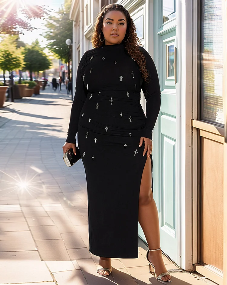 Fashion Plus Size Cross Print Bodycon Long Sleeve Dress