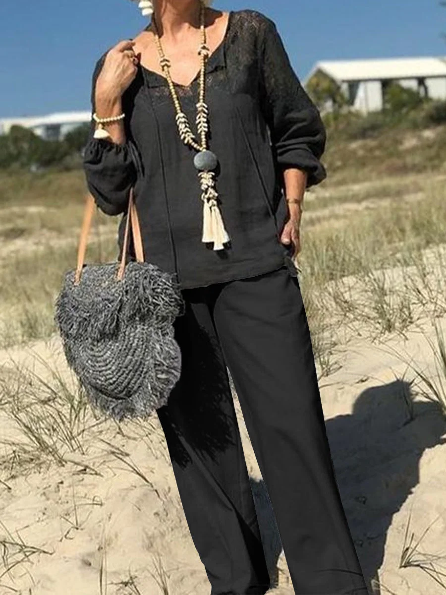 Solid Color V Neck Top And Pants Two-Piece Set