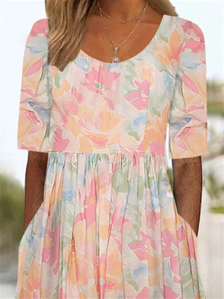 Women Half Sleeve V-neck Solid Color Dress