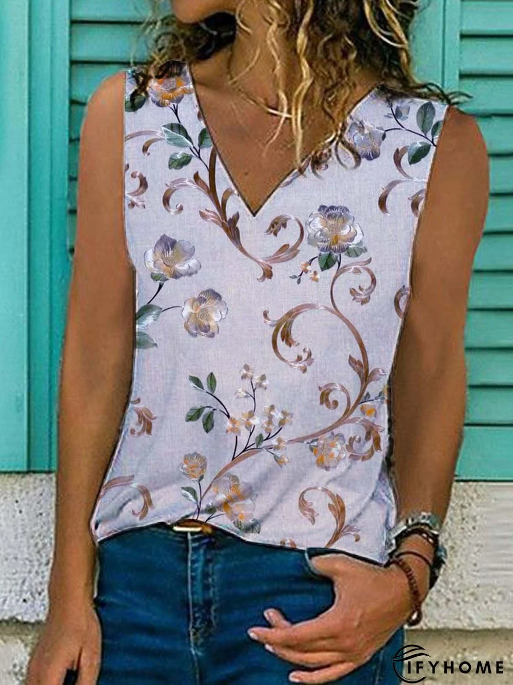 Floral Sleeveless Printed Cotton-blend V neck Holiday Summer White Top | IFYHOME