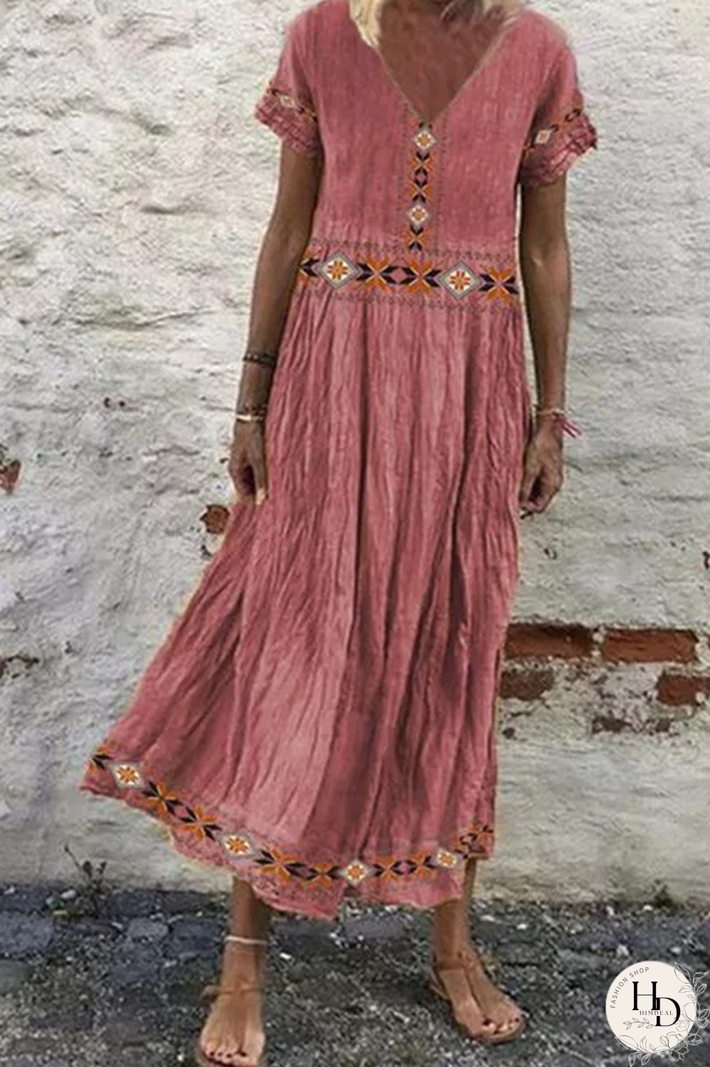 Casual Vintage Print V Neck A Line Dresses(3 Colors)