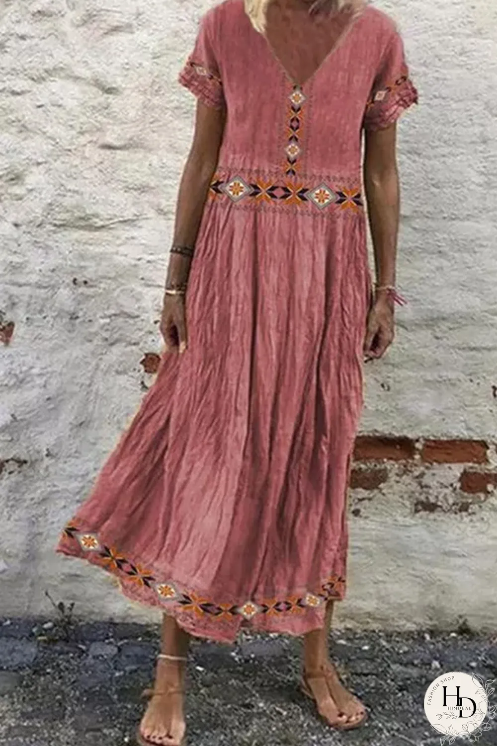 Casual Vintage Print V Neck A Line Dresses(3 Colors)