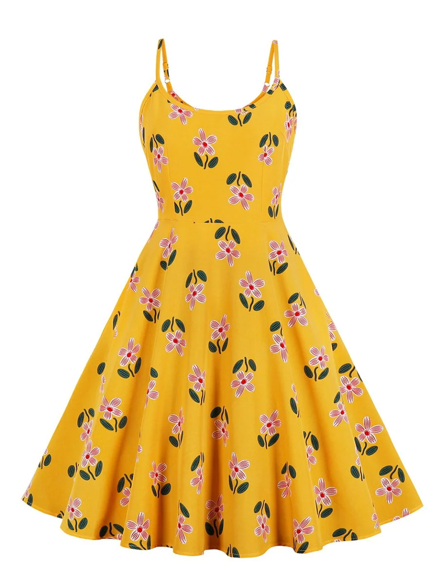 1950s Dress Floral Spaghetti Strap Comfy Tea-Length Dress