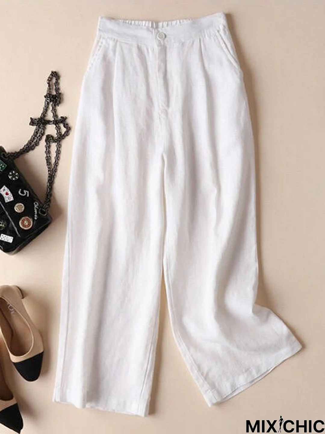 Women Linen Casual Pants Solid  Pockets Elastic Straight Pants