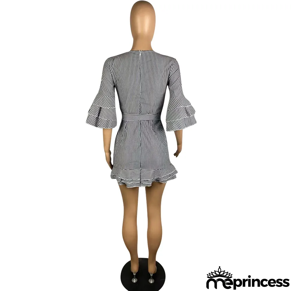 Women's Spring Summer Stripes Print V-Neck Ruffled Layer Casual Dress