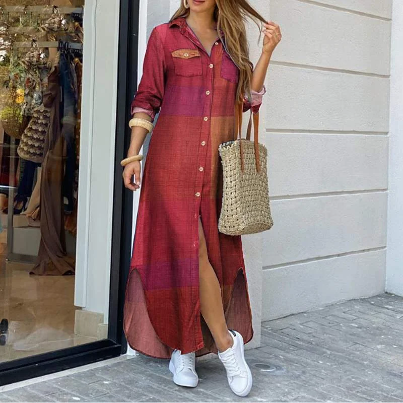 Elegant Women Button Down Long Shirt Dress Summer Letters Print Lapel Neck Party Dress Lady Long Sleeve Maxi Beach Dress Vestido