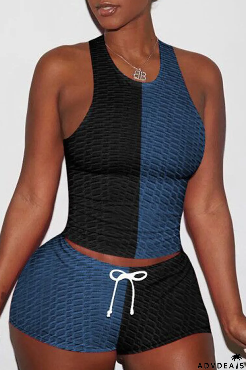 Blue Black Casual Sportswear Patchwork Basic O Neck Sleeveless Two Pieces