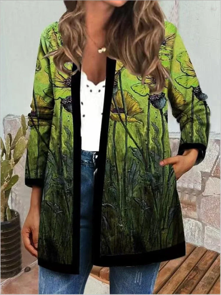 Women Long Sleeve Cardigan Printed Pockets Top Coats