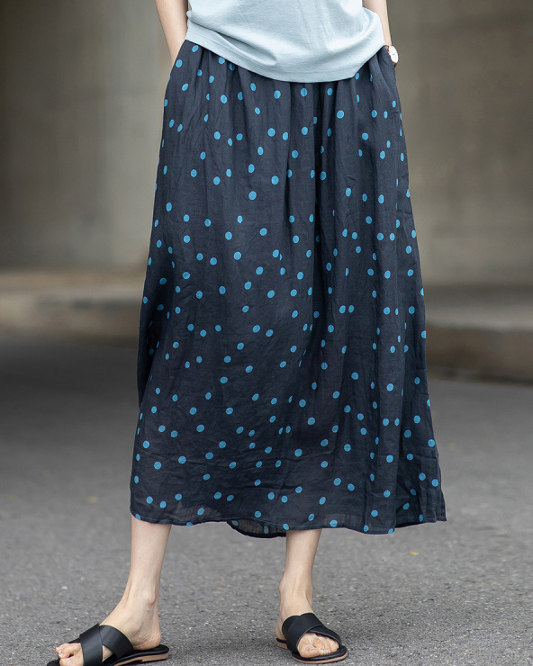 Polka Dot Side Pockets Elastic Waistband Vintage Midi Skirt