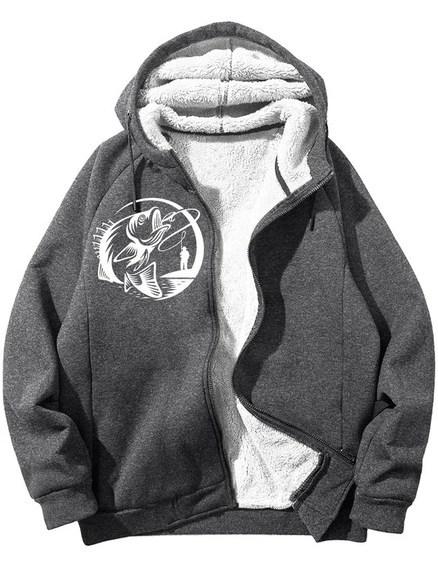 Men's Fishing Graphic Print Hoodie Zip Up Sweatshirt Warm Jacket With Fifties Fleece socialshop