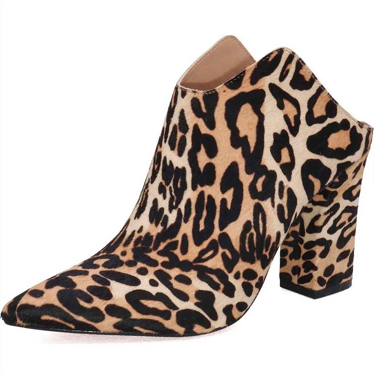 Women's Brown Leopard Print Mule Pointed Toe Block Heels Pumps |FSJ Shoes