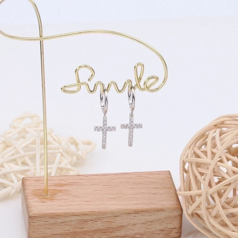 1 Pair 925 Sterling Silver Zircon Cross Drop Earrings