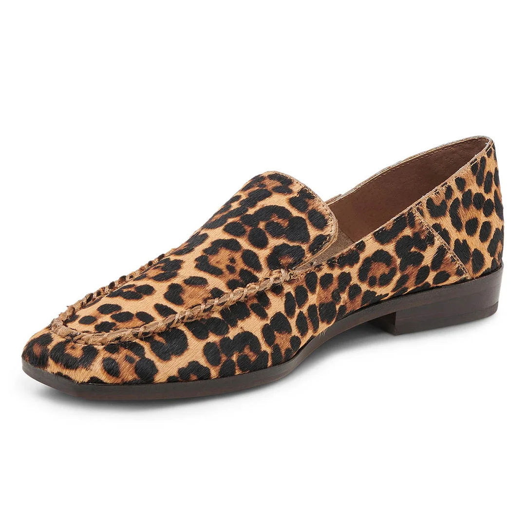 Leopard Printed Textile Square Toe Flat Loafers for Elegant Ladies