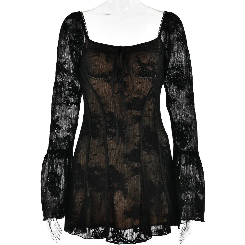 Toloer Long Sleeve Lace Square Neck Mini Dress-Outfit Ideas
