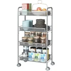 Pornhint 3-Tier Metal Rolling Cart on Wheels with Baskets,Mesh Storage Pantry Cart Lockable Utility Trolley with Handles for Kitchen Bathroom Closet, Storage