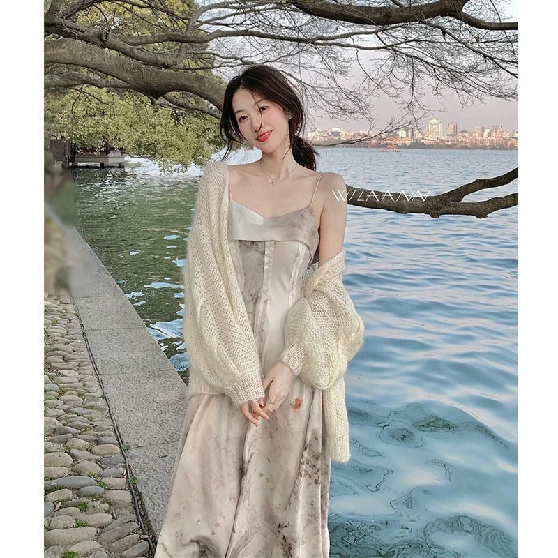 UMI MAO Ins Harajuku Ink Landscape Painting Female Niche Design Temperament Long Skirt Suspender Dress Elegant Femme Women