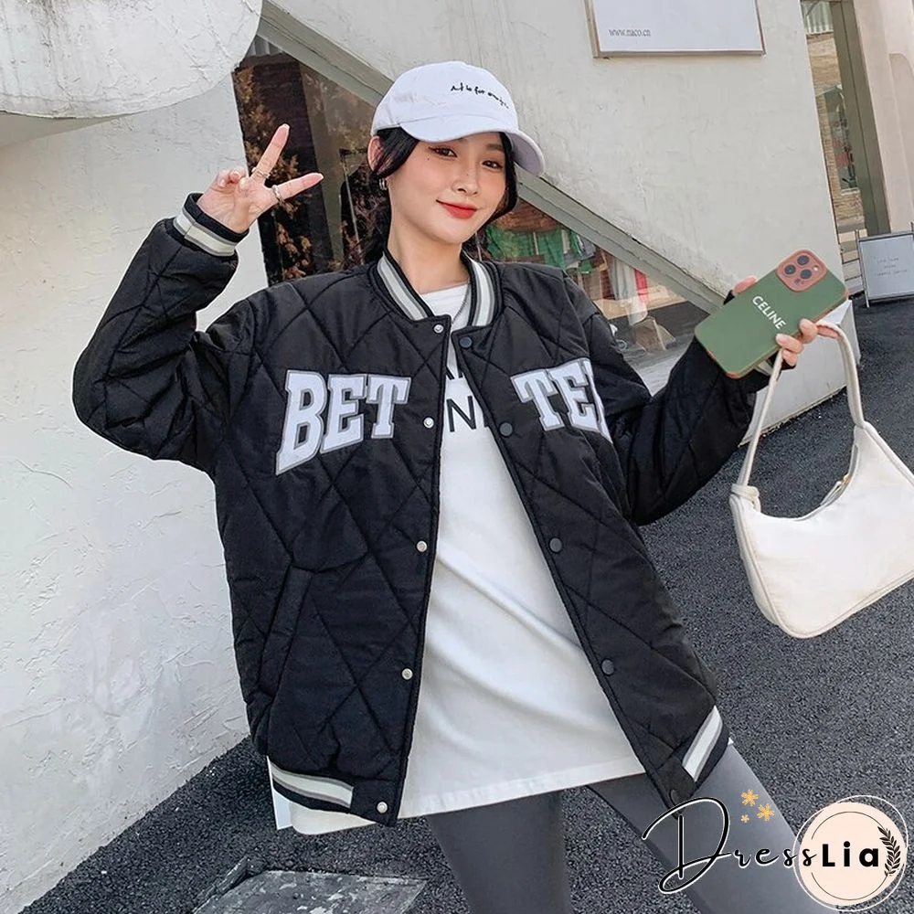 Letter Embroidered Winter Cotton Coat Women American Retro Baseball Uniform Jacket Female Y2K Keep Warm Bomber Jacket New