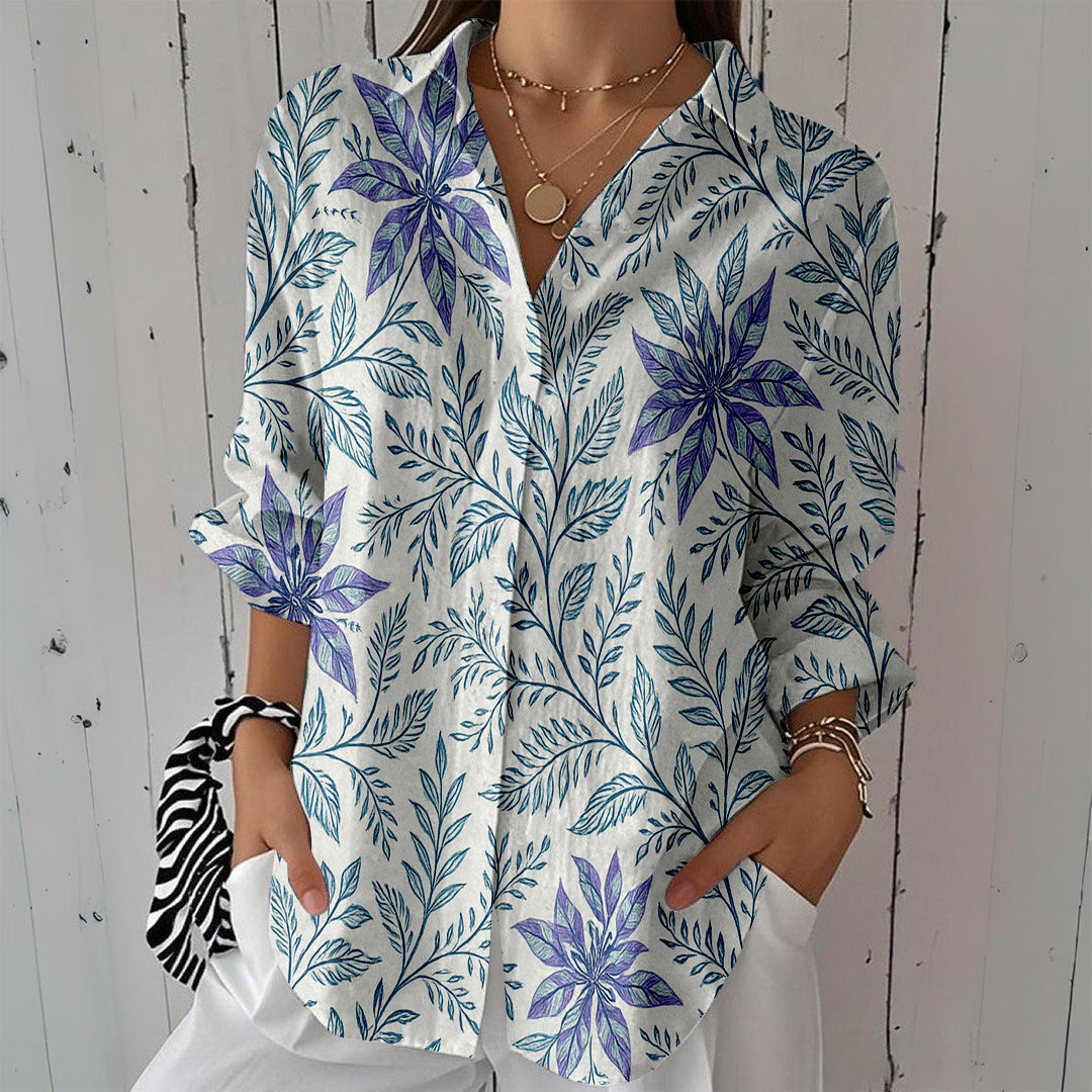 Women Long Sleeve V-neck Graphic Floral Printed Top