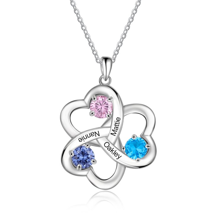 Collar con 3 colgantes personalizados de corazón con 3 nombres y 3 piedras de nacimiento