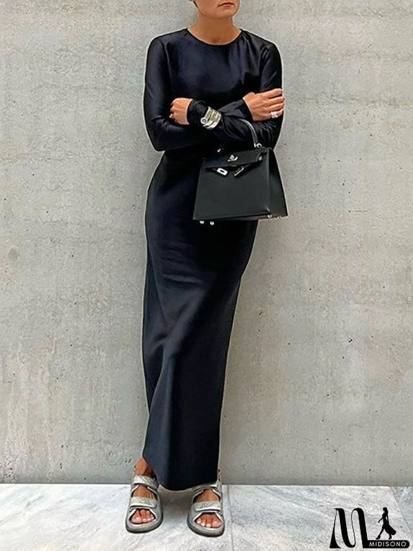 MidiSono - Casual Loose Long Sleeves Solid Color Round-Neck Maxi Dresses
