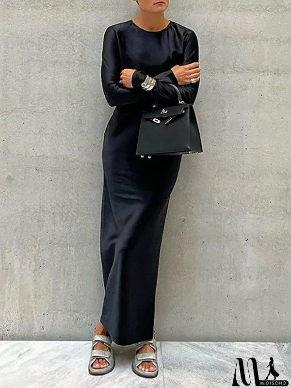 MidiSono - Casual Loose Long Sleeves Solid Color Round-Neck Maxi Dresses