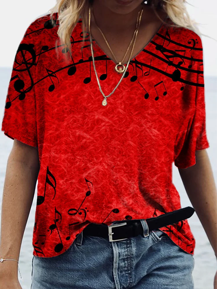 Music Notes Print Short Sleeve T Shirt