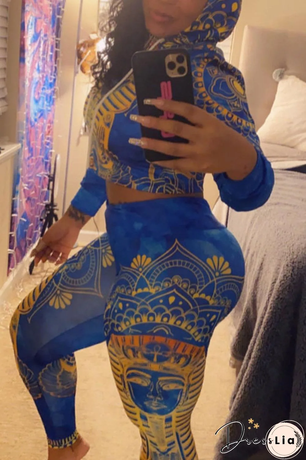 Fashion Casual Print Basic Hooded Collar Long Sleeve Two Pieces