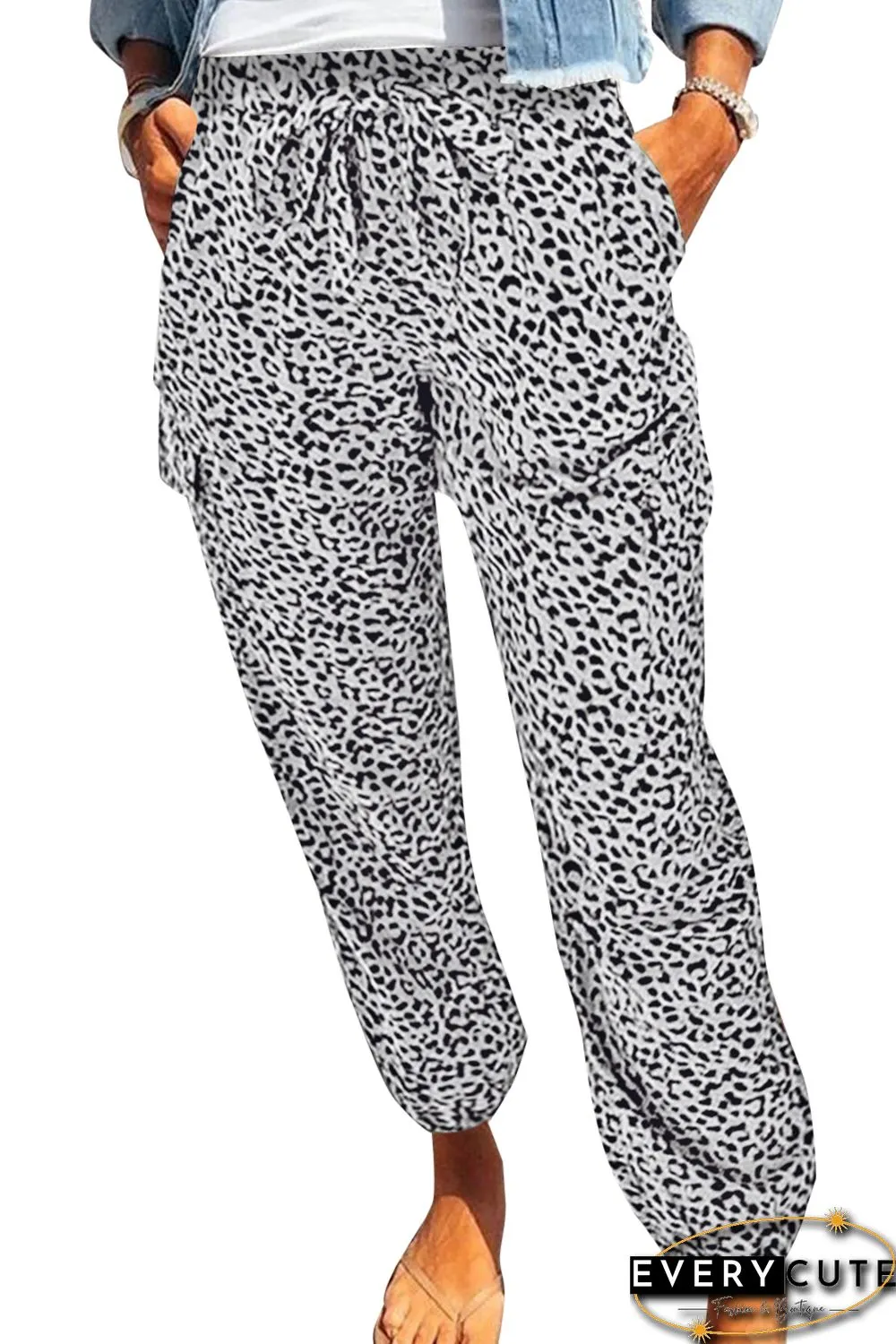 Wholesale White Chic Leopard Print Drawstring Elastic Waist Jogger Online