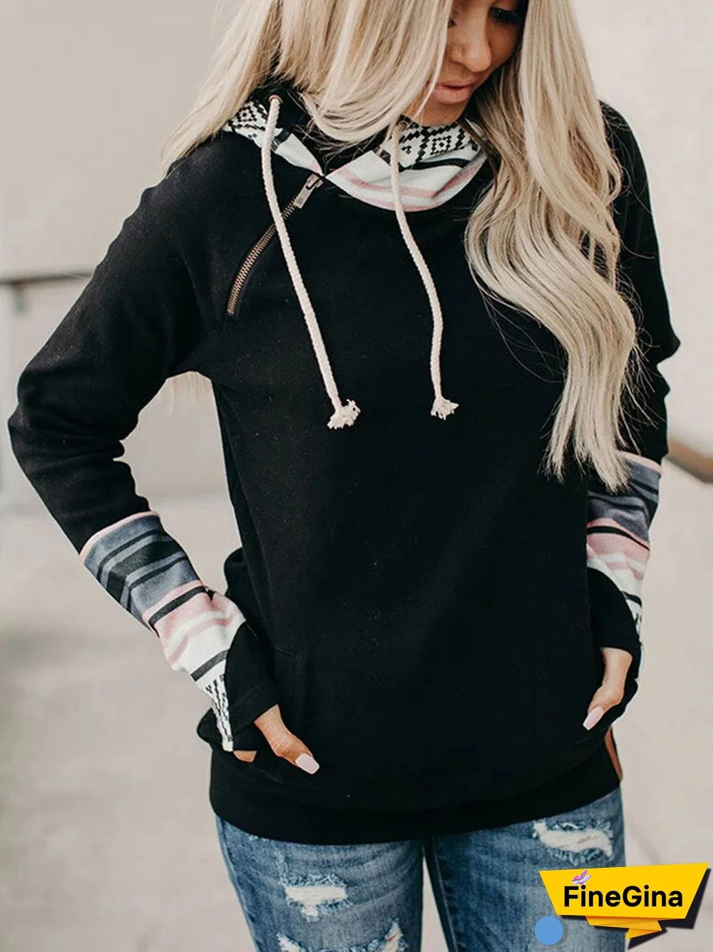 Casual Striped Patchwork Long Sleeve Zipper Irregular Hoodie
