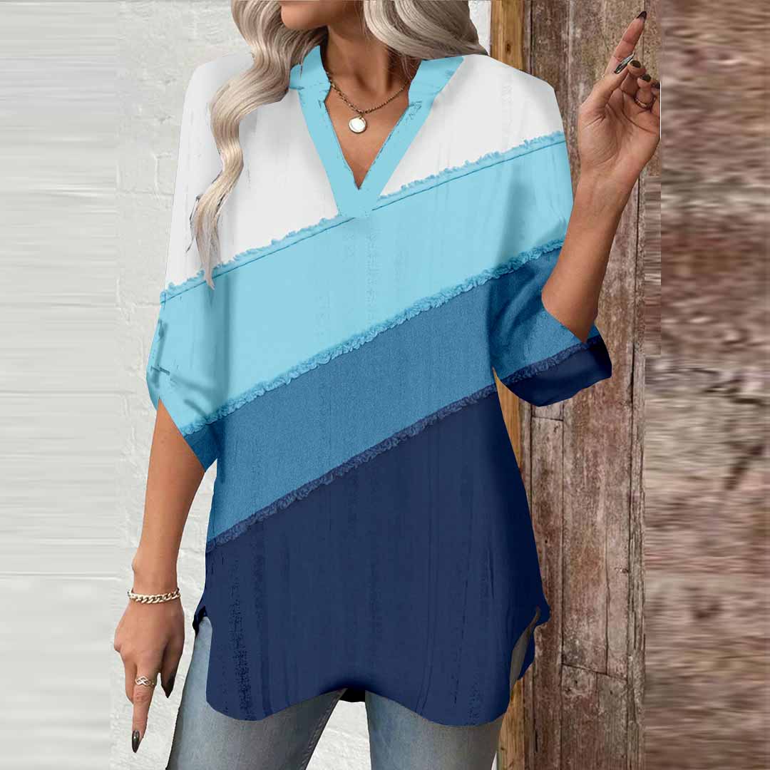 Women Striped, Blue, Patchwork DZGA0050 3/4 Sleeve V-neck Printed Graphic Button Tops