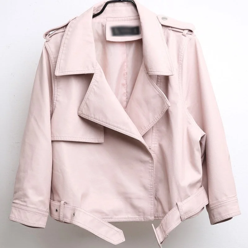 Ailegogo New Spring Women Loose Fit Faux Leather Jacket Casual Female Pu Leather Jackets Belt Short Black Biker Outwear Coats