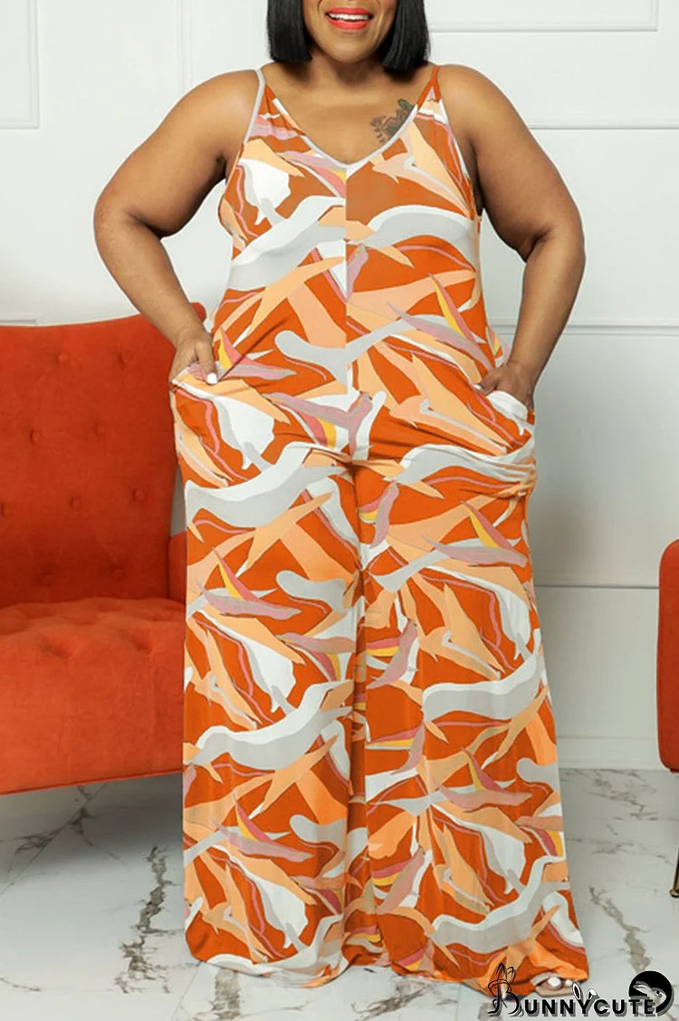 Tangerine Casual Print Patchwork Spaghetti Strap Plus Size Jumpsuits