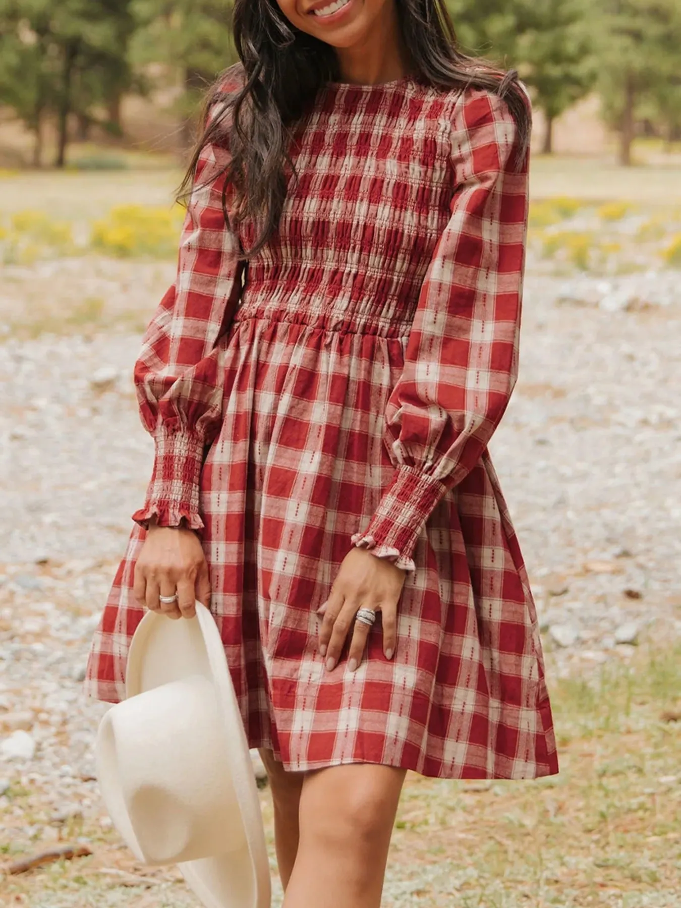 Plaid Print Smocked Puff Sleeve Mini Dress mysite idetrend