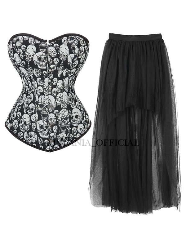 Skull Printed Back Lace Up Buttoned Color Block Corset + Mesh Ball Gown Skirt 2-piece Sets