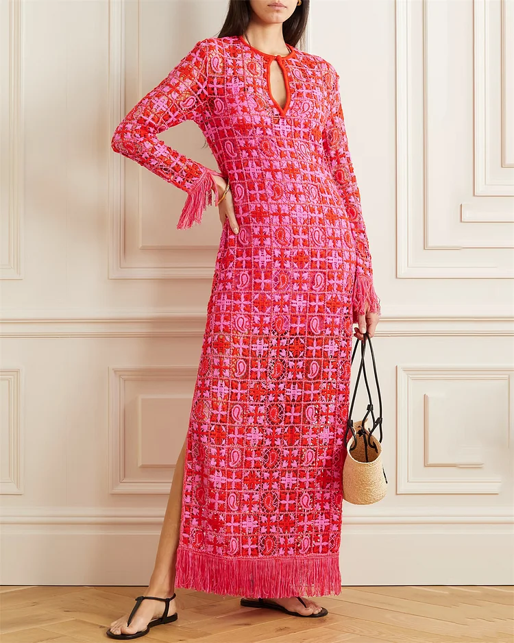 Women's Round Neck Long Sleeve Hollow Woven Dress