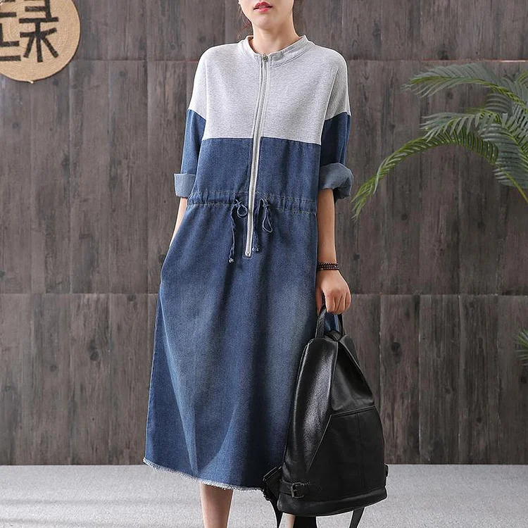 Women denim blue stand collar zippered oversized Dress
