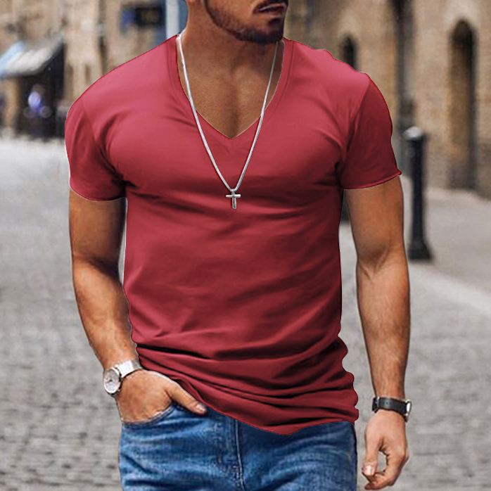 Men's Casual V-neck Solid Color Short-sleeved T-shirt