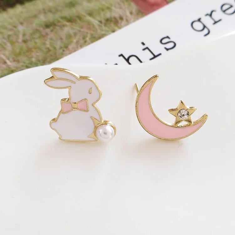 Asymmetric Rabbit Moon Earrings
