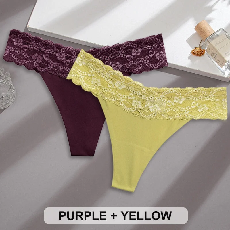 2PCS/Set Lace Panties Sexy Underwear Thong Women Panties G-String Panties Briefs Lingerie Floral V Waist Design Female Underpant