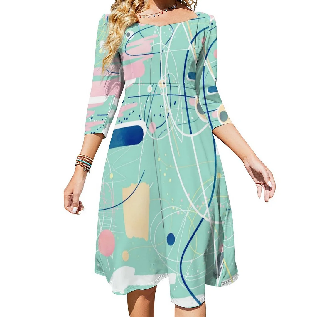 Modern Mint Strokes And Dots Creative Art Dress Sweetheart Tie Back Flared 3/4 Sleeve Midi Dresses