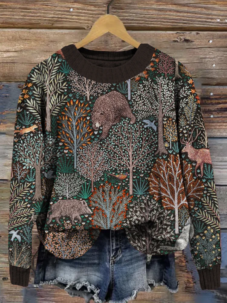 Gemütlicher Pullover mit Waldtieren-Grafik und Rundhalsausschnitt