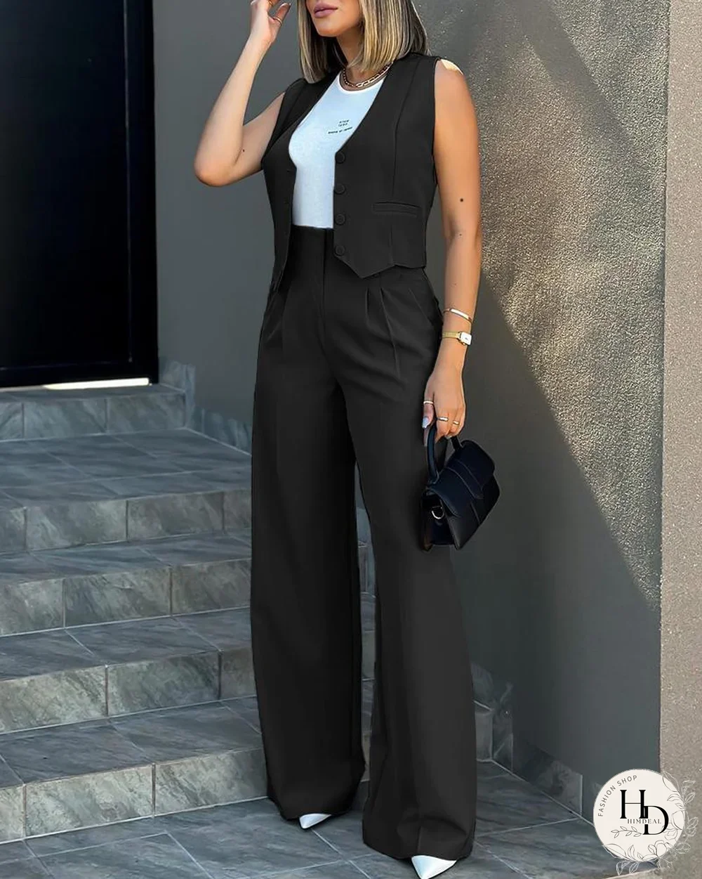 Conjunto de pantalón ancho y top sin mangas con botones