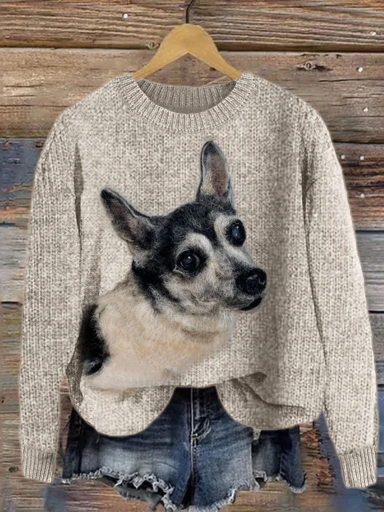VChics Lovely Dog Felt Portrait Cozy Knit Sweater